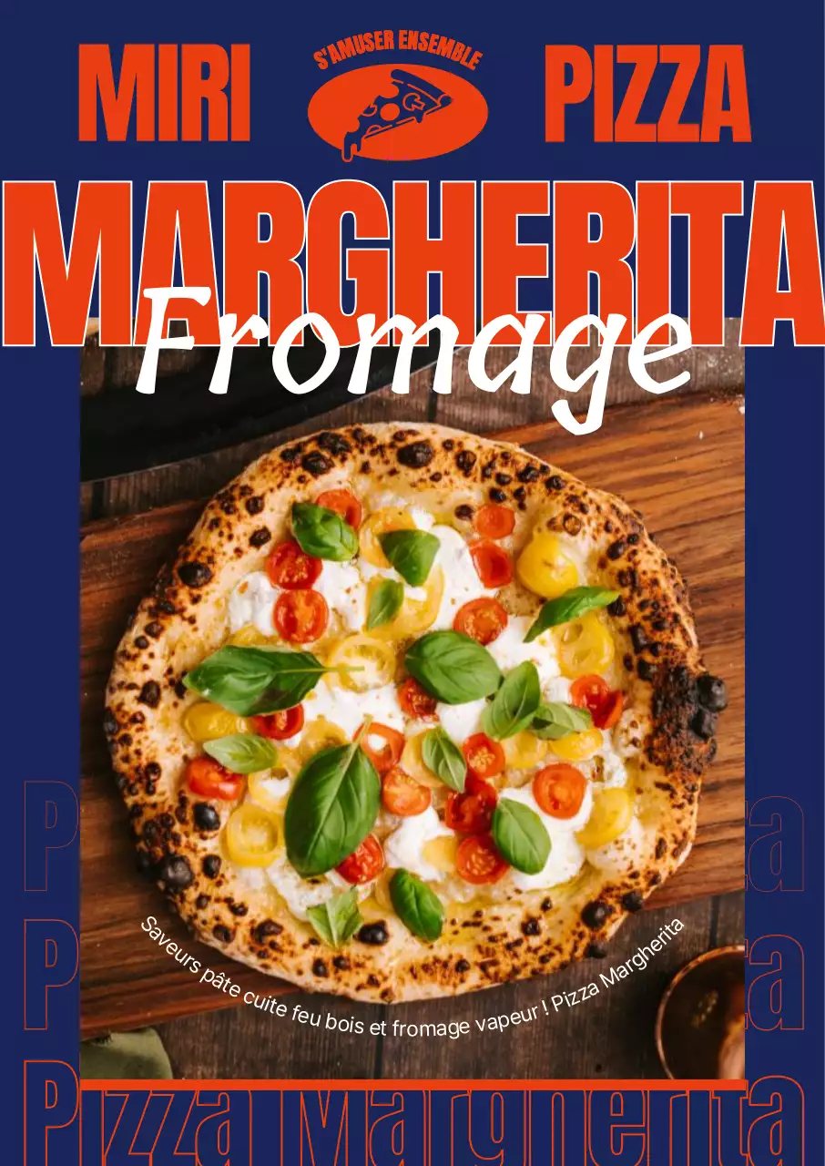 Menu de pizzas sur fond bleu marine et avec une police orange dynamique et audacieuse.