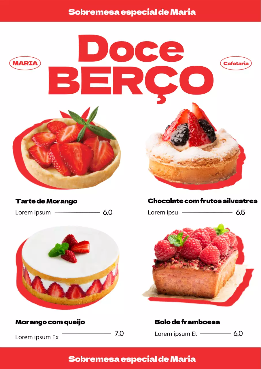 Ementa de sobremesa de café na moda com um toque refrescante de vermelho e fotografias de sobremesa de morango