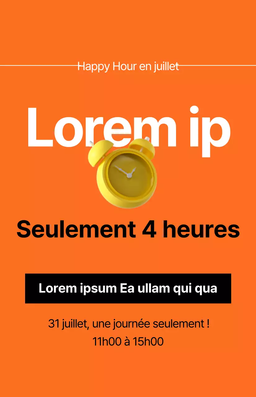 Une promotion percutante de vente de temps avec une image d'un réveil sur un fond orange.