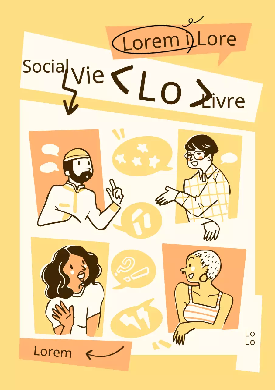 Livre de mentorat sur la vie sociale avec un concept de personnes parlant en jaune et en orange