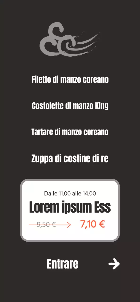 Promuovete un ristorante pulito di ispirazione coreana con immagini di carne coreana su sfondo nero.