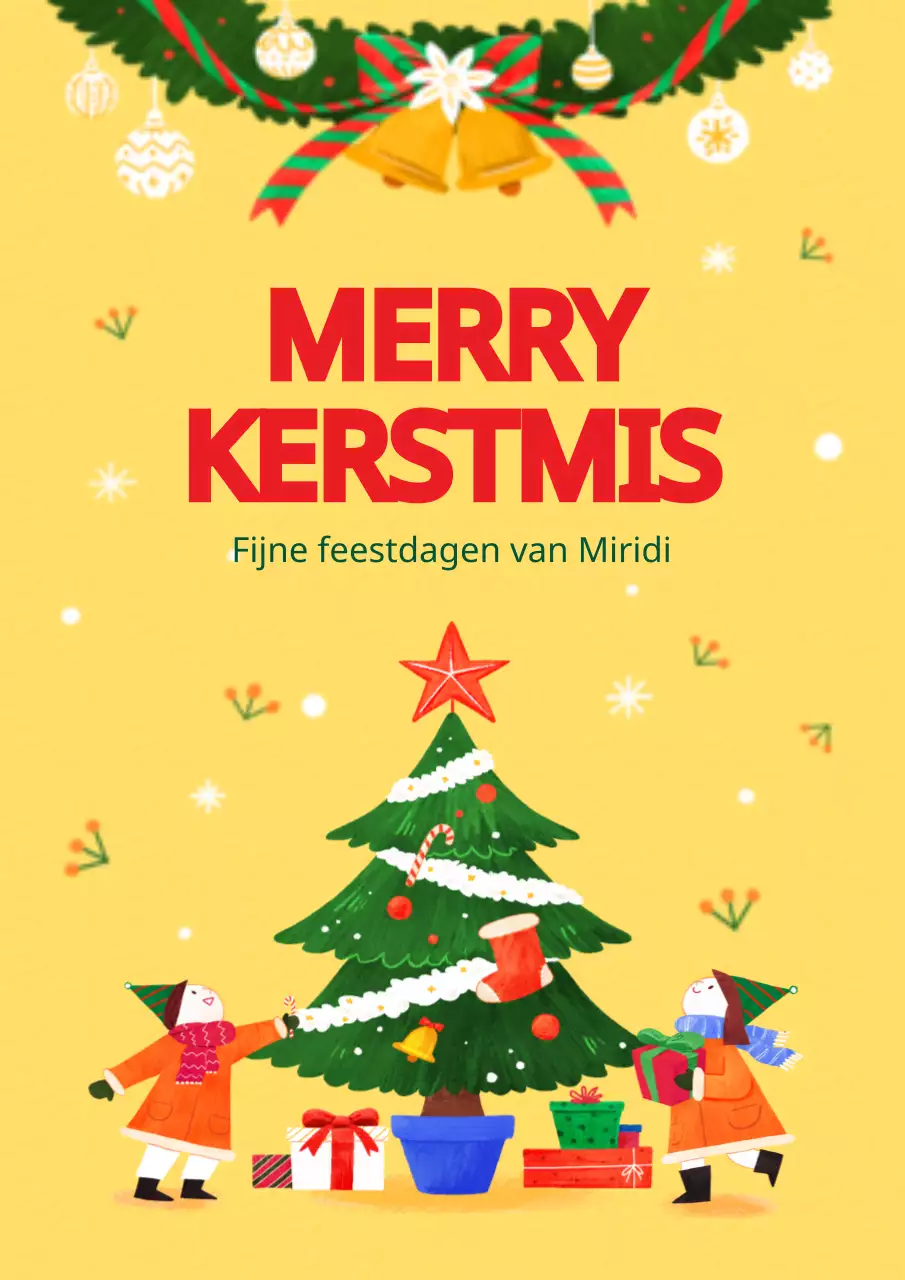 Kerstviering met een schattig geel kind en boomillustratie