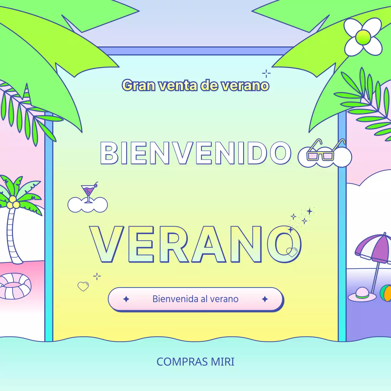 Anuncio de promoción de verano para centros comerciales en amarillo tropical y azul claro