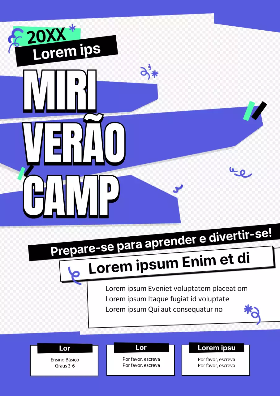 Campo de férias da escola de línguas, limpo, alegre e geométrico, em azul e branco, fresco e convidativo