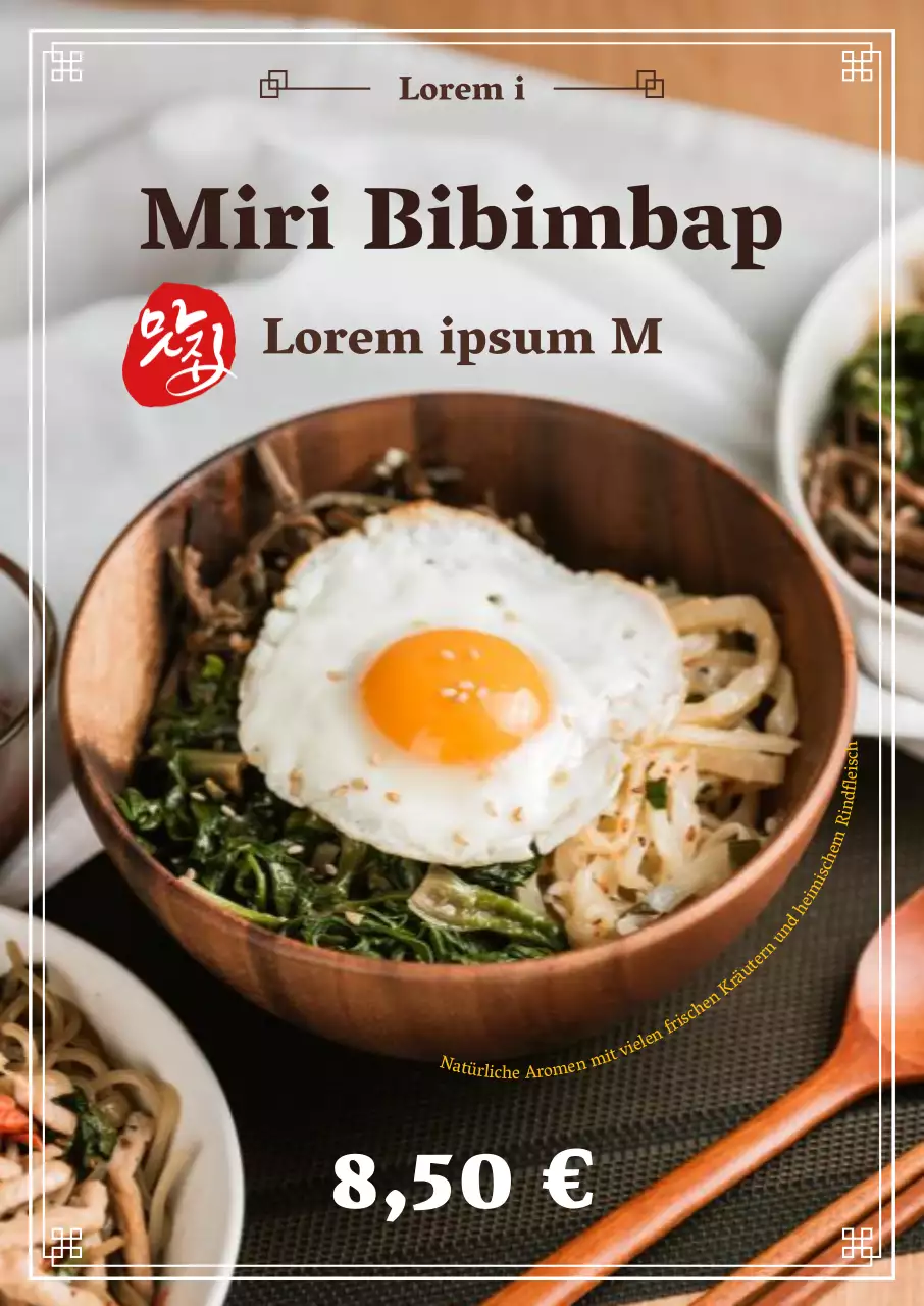 Menü-Layout mit traditionellen Rahmen und Sushi-Fotos bearbeitet