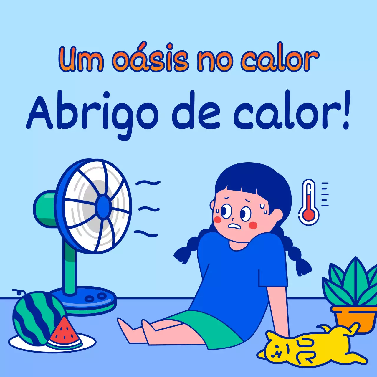 Calendário de abrigos para ondas de calor no verão com ilustrações simples e engraçadas de personagens em azul claro e azul.