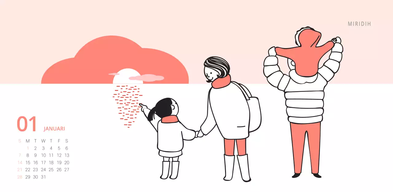 Schattige geïllustreerde groene bureaukalender met familiethema