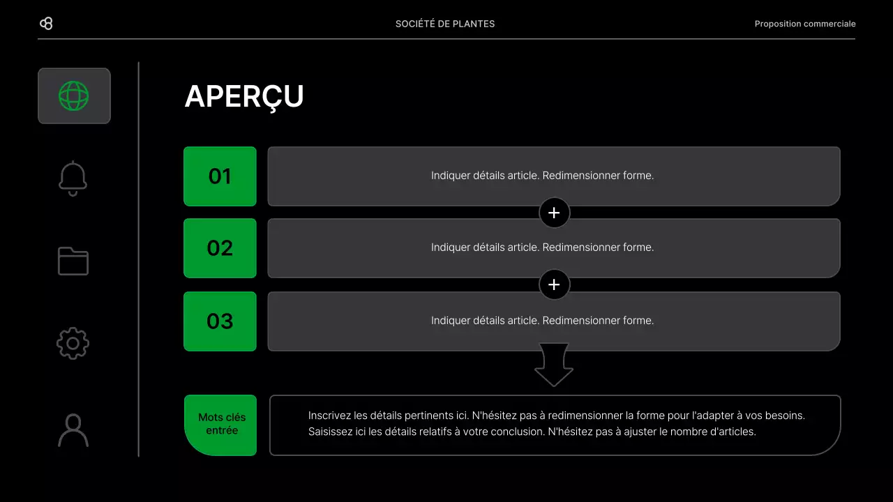 Proposition d'affaires pour une entreprise avec un concept de feuilles naturelles noires et vertes