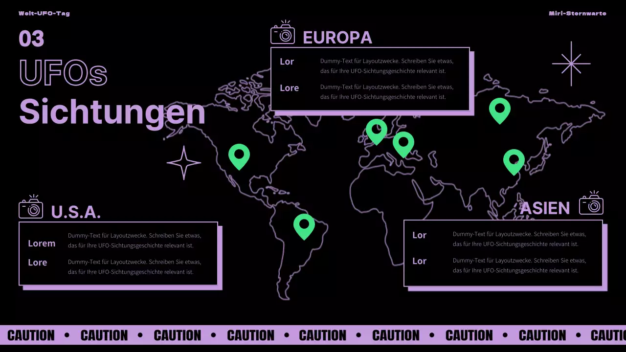 Einführung in den Welt-UFO-Tag mit lila und grünen Akzenten auf schwarzem Hintergrund