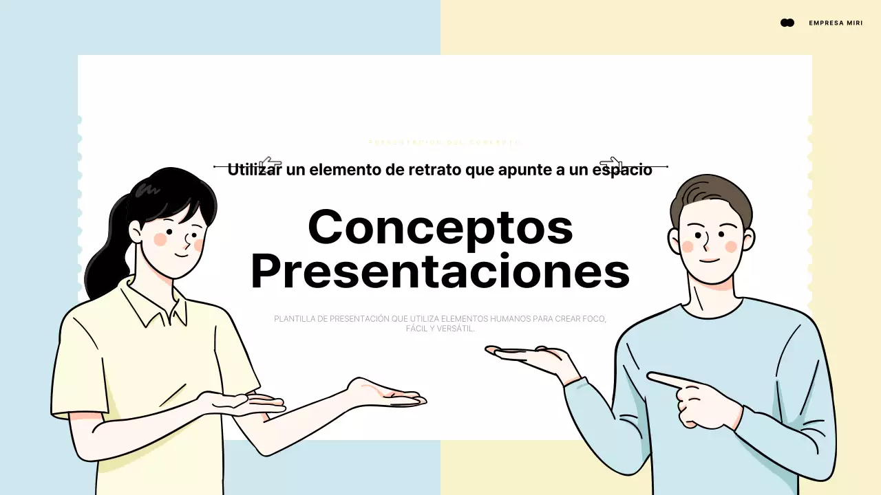 Presentación introductoria mediante un elemento humano que señala un espacio azul claro y amarillo