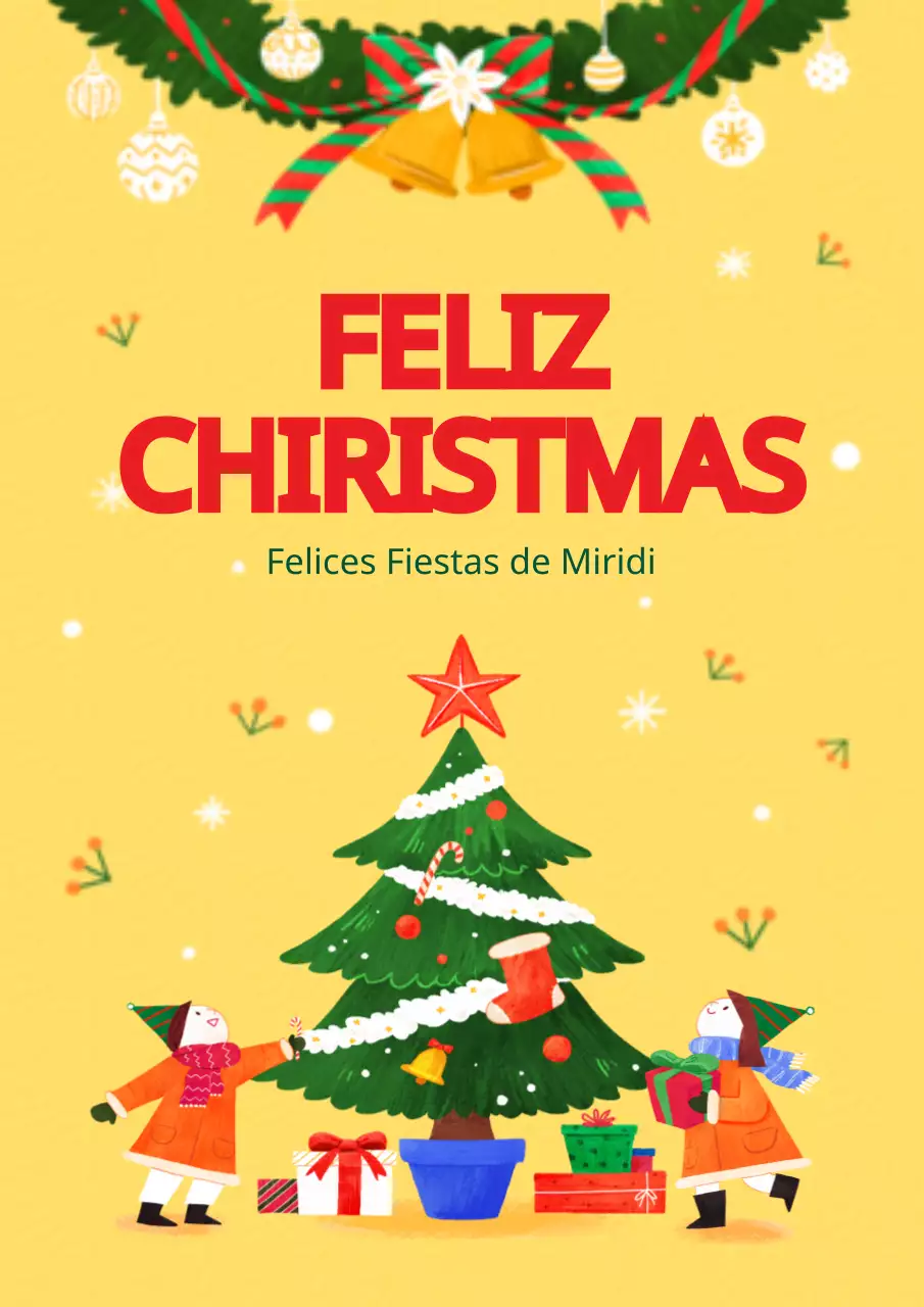 Celebración de Navidad con un simpático niño amarillo e ilustración de un árbol