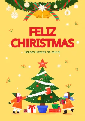 Celebración de Navidad con un simpático niño amarillo e ilustración de un árbol