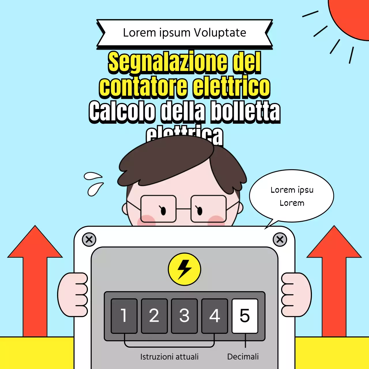 Contatore elettrico con simpatiche illustrazioni in azzurro Suggerimenti per il calcolo della bolletta elettrica