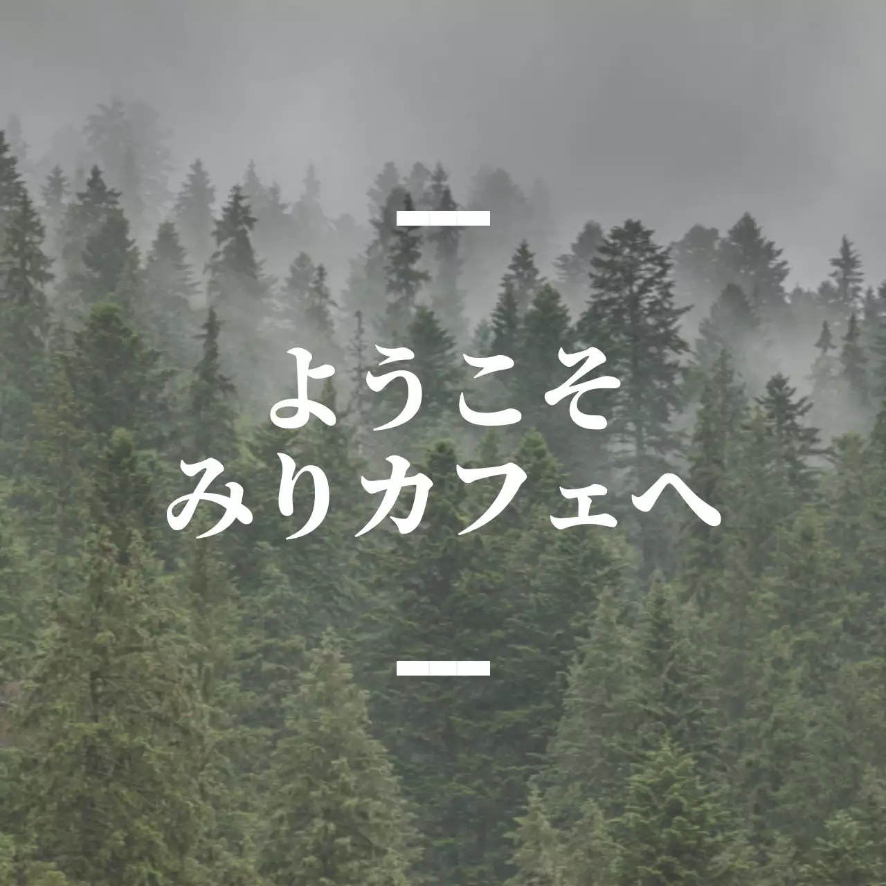 森の写真を背景にした情緒的な案内文型の英語カフェバレット。