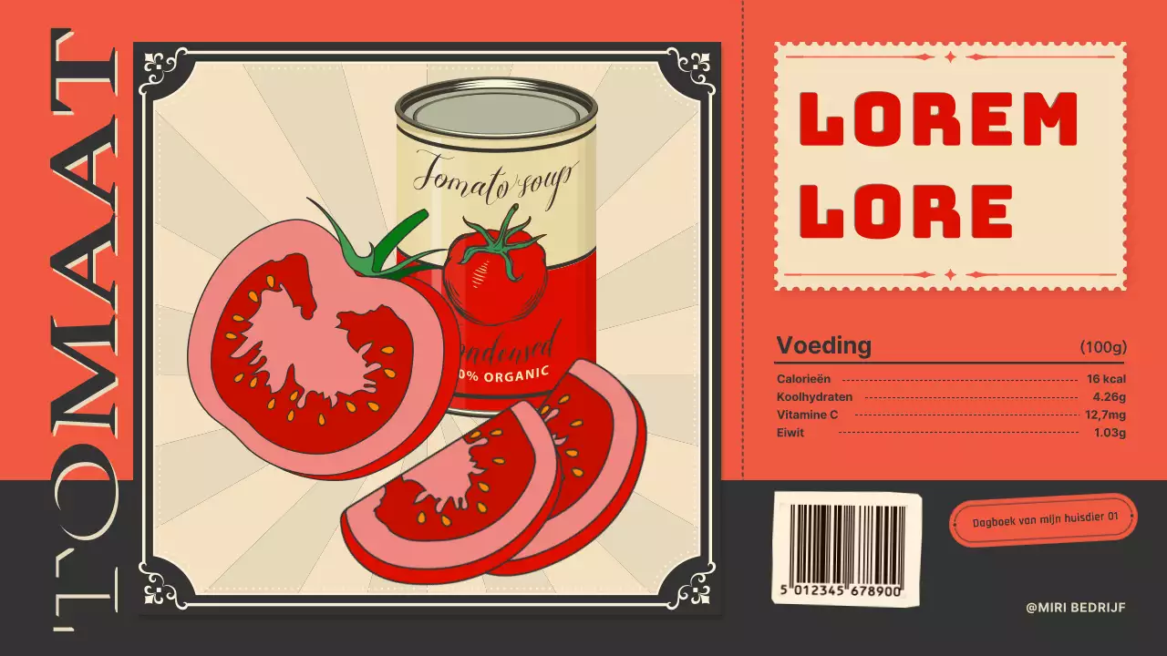 Introductie van tomaten met een vintage labelconcept in oranje en marineblauw