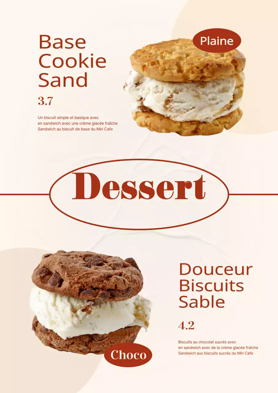 Présentation de la carte des desserts du café en ivoire et rouge