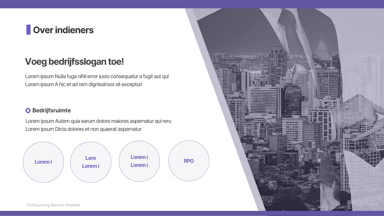 Uitbestede personeelsdiensten Voorstel in paars en grijs Zakelijk B2B Headhunting Recruitment Corporate Contingent Werknemer Verzending