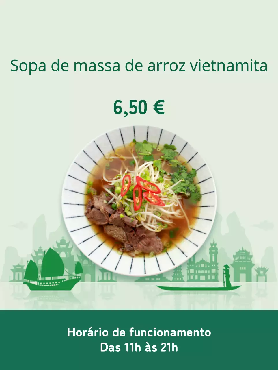 Promover um menu limpo com uma imagem de massa de arroz numa cor de destaque verde