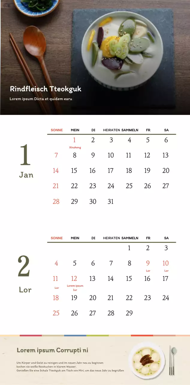 Traditioneller koreanischer Restaurantkonzept-Gutscheinkalender in Beige und Braun