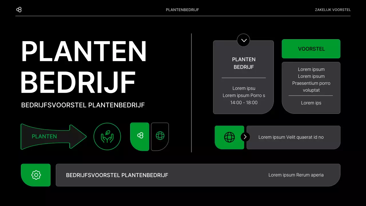 Zakelijk voorstel voor een bedrijf met een zwart en groen natuurlijk bladconcept