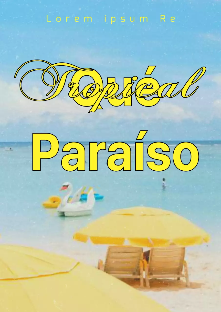Arte paraíso tropical fresco y brillante con vista al mar con texto amarillo
