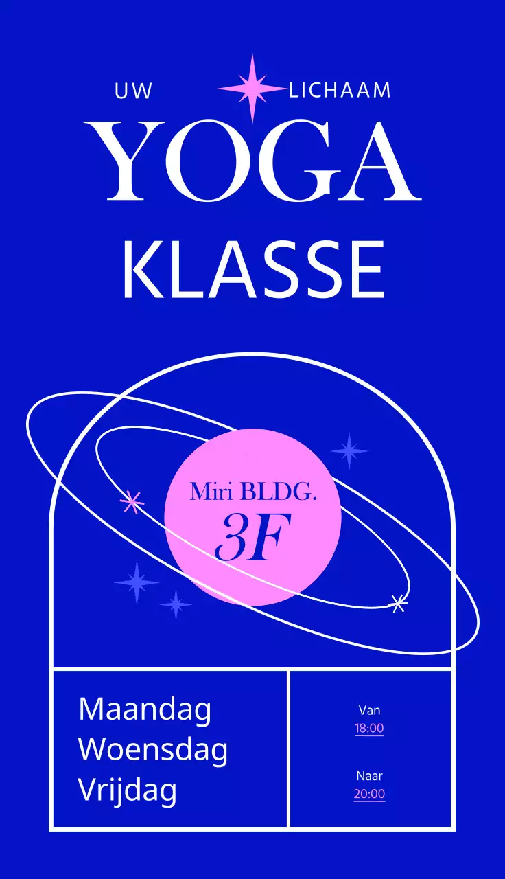 Een hip uithangbord voor een yogastudio met kleurrijke tekst en lijnillustraties van vormen en lessen.