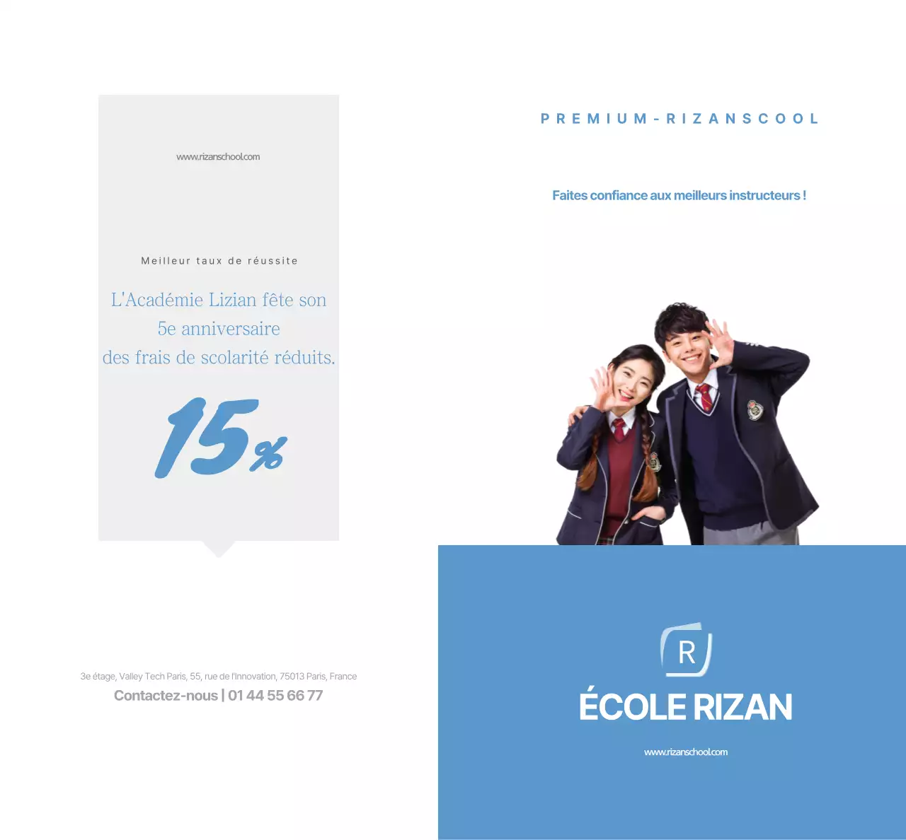 Texte et images simples en bleu clair pour promouvoir l'académie Lizian School.