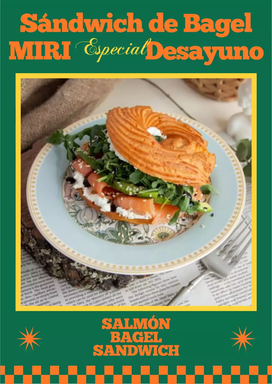 Menú de café de sándwich de bagel de salmón en Pointul June Brunch con fondo verde fresco y combinación de colores naranja complementaria.