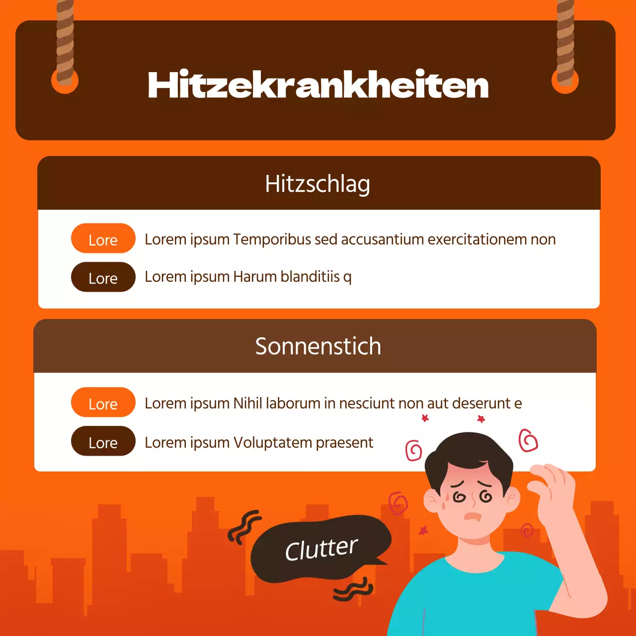 Starker Illustrationsstil in Orange und Braun Vorsicht vor Hitzekrankheiten in der Hitzewelle