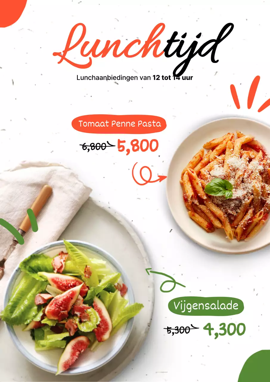 Gebruik oranje en groen om kortingen op pasta- en salademenu's te promoten