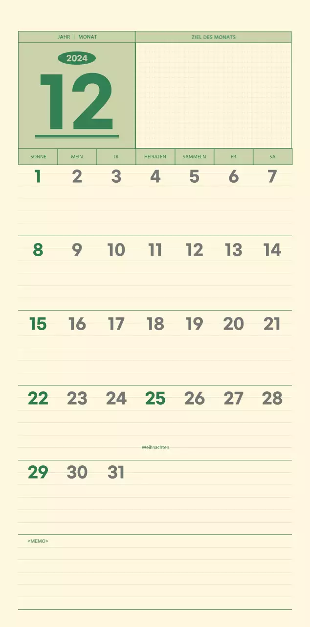 SAT D-day Notizblock Konzept Wandkalender in grün und hellgelb