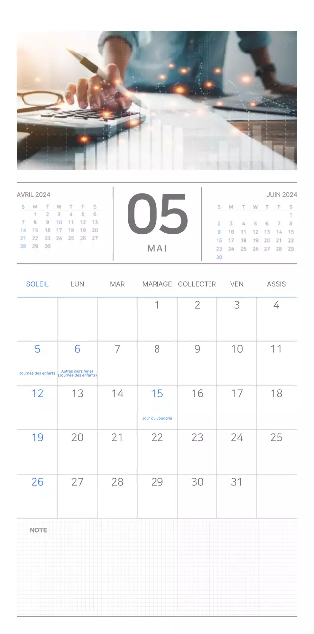 Calendrier mural bleu et blanc avec un concept d'entreprise simple