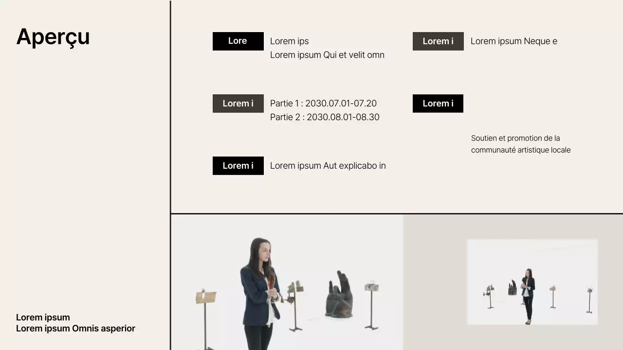 Proposition d'exposition avec des accents de grille beige-noir