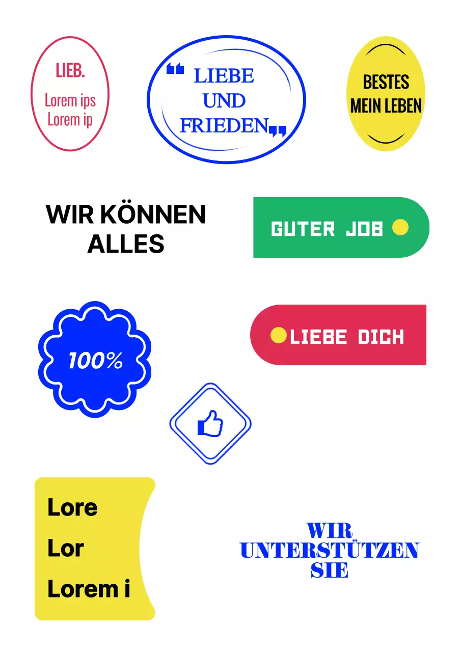 Einfaches Aufkleberdesign mit buntem englischen Text und illustrierten Formen