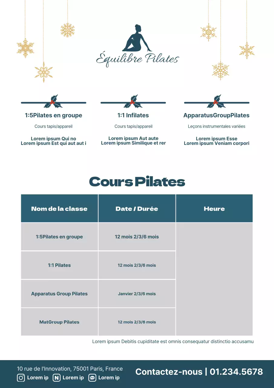 Un simple flyer vert et blanc pour un cours de Pilates