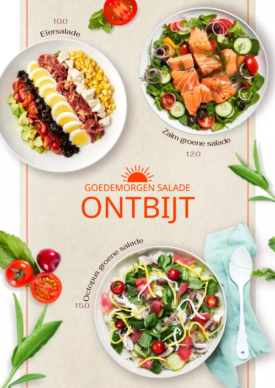 Gezond brunchmenu geïllustreerd met foto's van verse, natuurlijke groente- en fruitsalades
