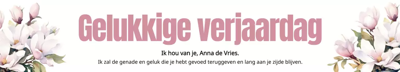 Promoot een gelukkige verjaardag met roze bloemen op een witte achtergrond