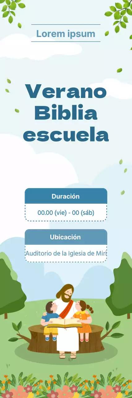 Presentamos una bonita escuela bíblica de verano de la iglesia en azul claro y verde