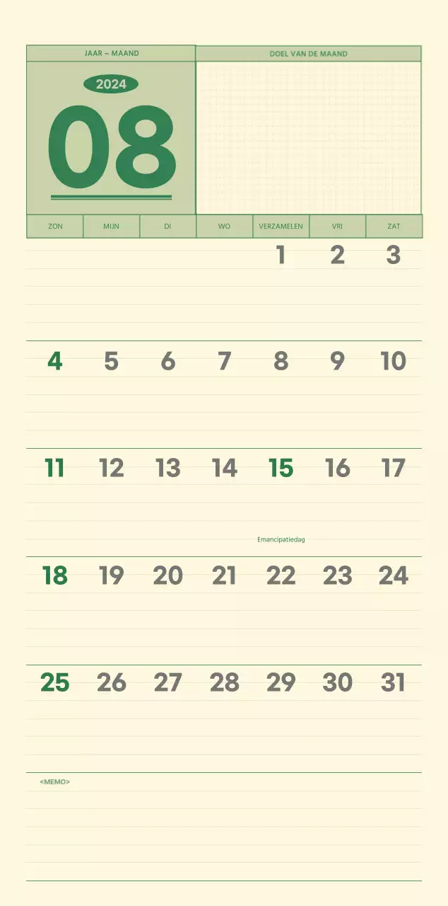 SAT D-day notitieblok concept wandkalender in groen en lichtgeel