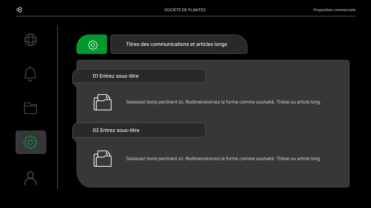 Proposition d'affaires pour une entreprise avec un concept de feuilles naturelles noires et vertes
