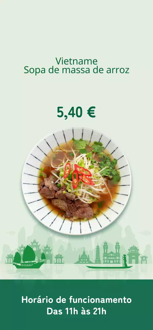 Promover um menu limpo com uma imagem de massa de arroz com toques verdes