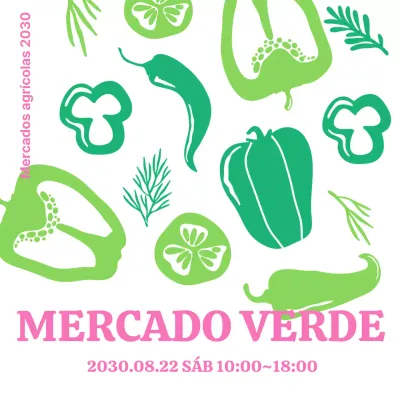 Ilustración verde y rosa de un agricultor promocionando sus productos.