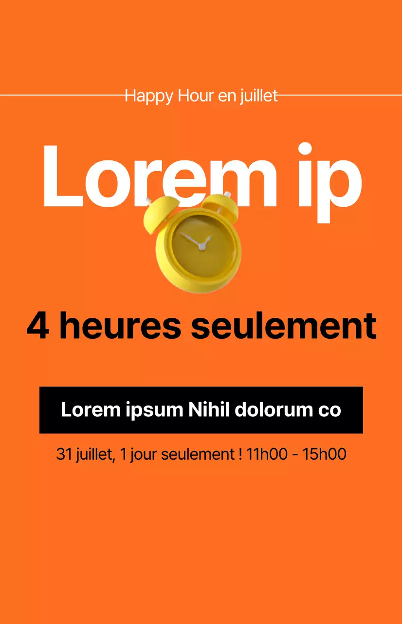 Une promotion percutante de vente de temps avec une image d'un réveil sur un fond orange.