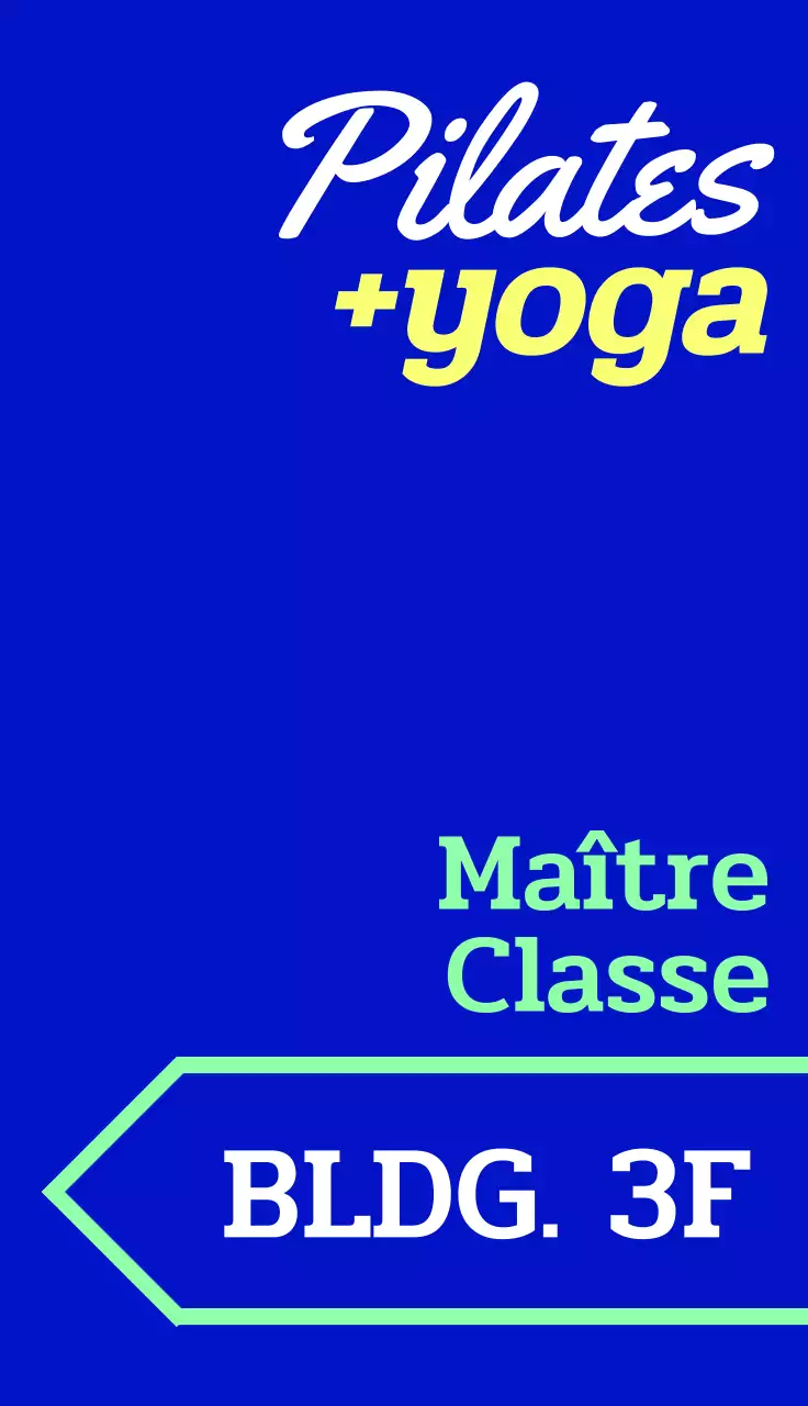 Un panneau promotionnel branché avec un texte coloré sur le yoga et les pilates et des formes de flèches.