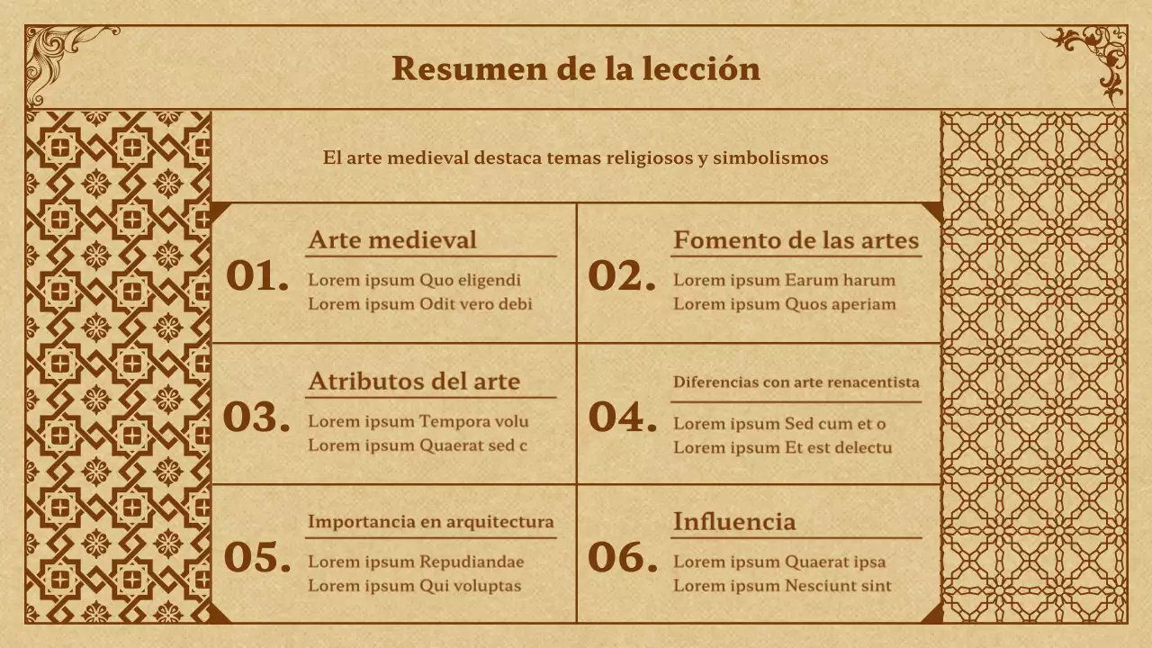 Arte medieval en presentación beige y marrón