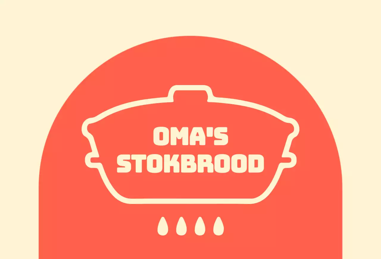 Oma's stokbroodwinkel balsa met gebogen rode vormen op een ivoorkleurige achtergrond