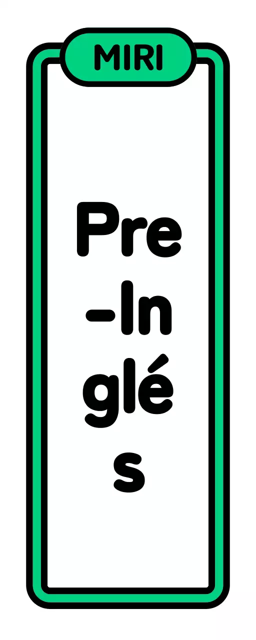 Un sencillo letrero escolar con texto preinglés en blanco, negro, verde y morado e ilustraciones enmarcadas.