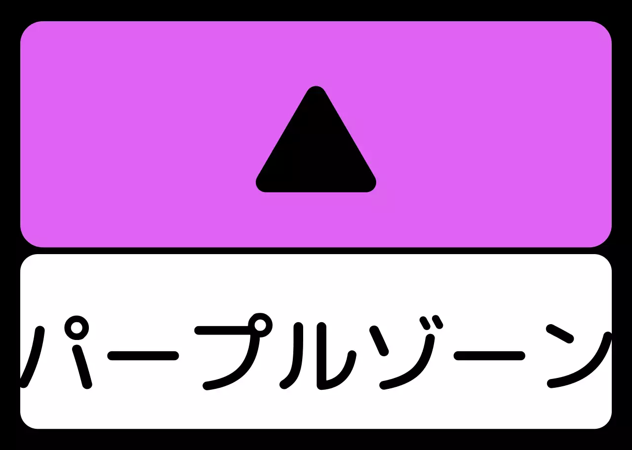 緑青紫の位置案内文と三角形の四角い図形で構成されたシンプルなエリア案内。
