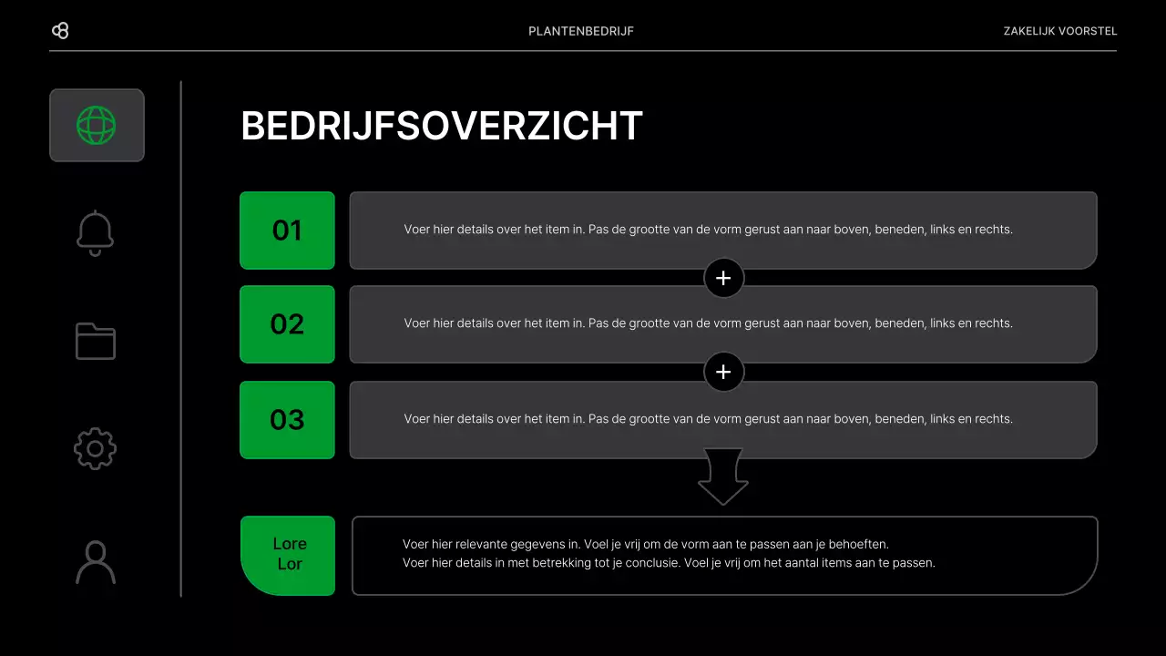 Zakelijk voorstel voor een bedrijf met een zwart en groen natuurlijk bladconcept