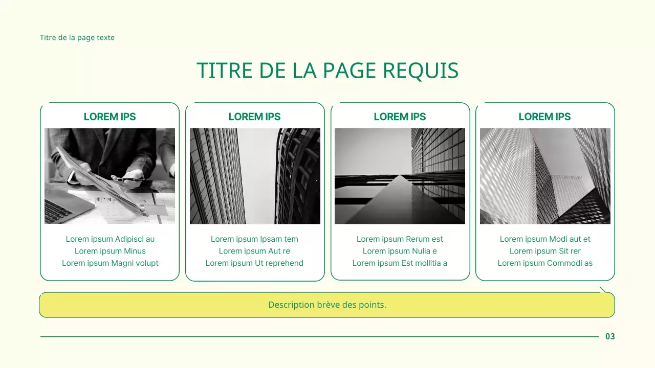 Présentation simple d'un projet d'entreprise avec des points en forme de cercle vert